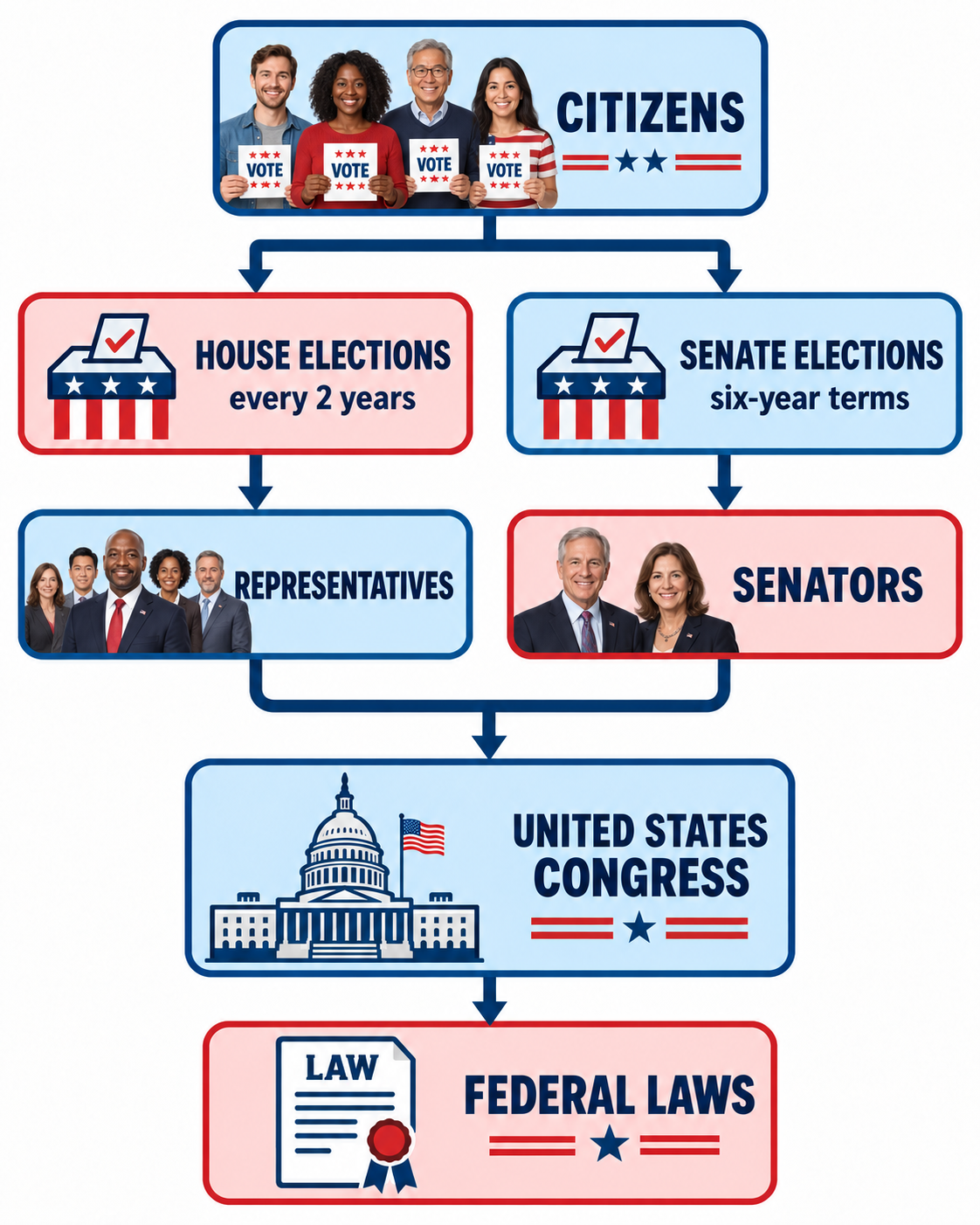Diagram showing citizens electing members of the House and Senate, forming the United States Congress, which enacts federal laws.